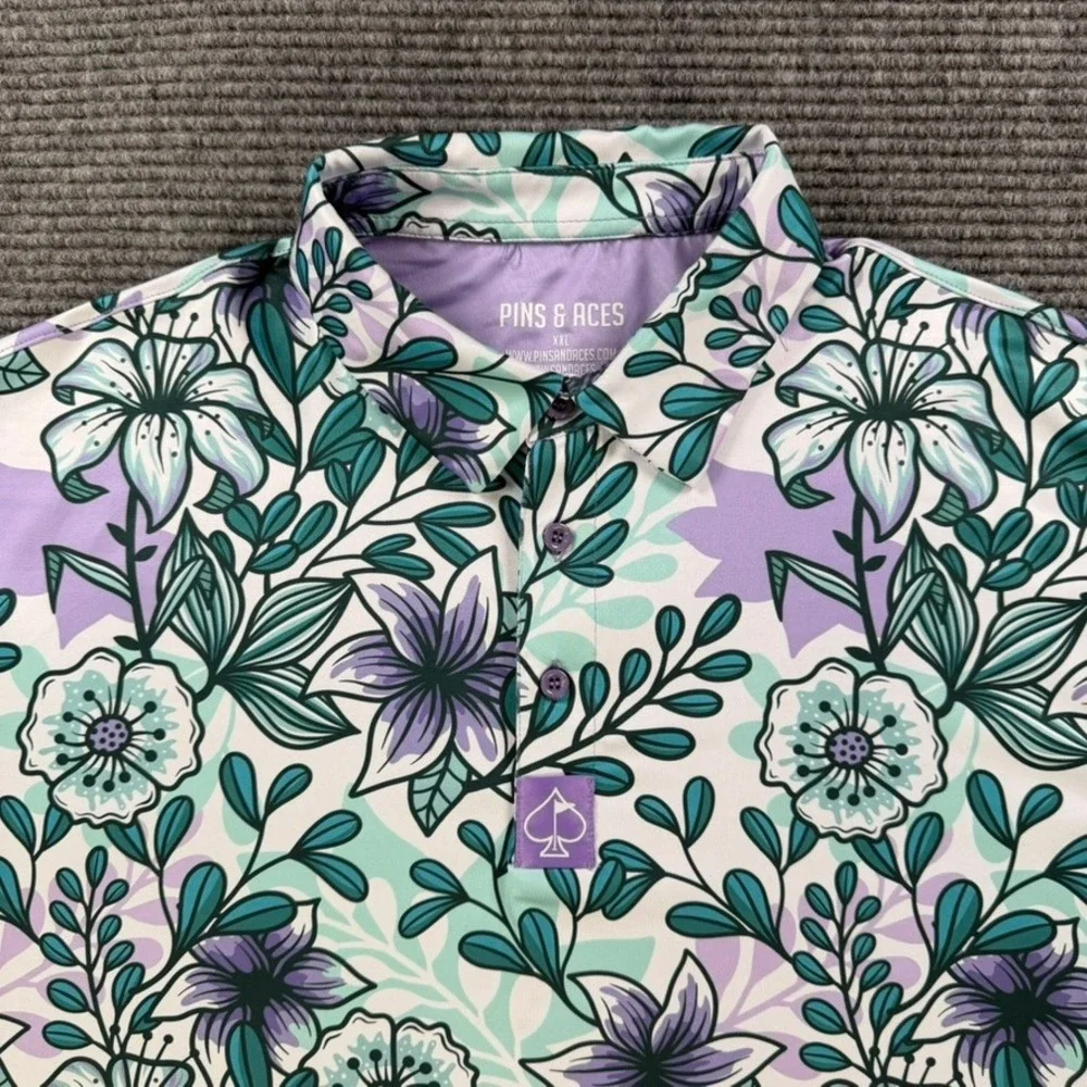 Pins & Aces Golf Polo Shirt Mens XXL Floral Purple Teal Performance Short Sleeve